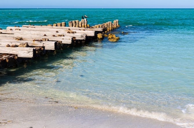 The Historic Railroad Track Jetty at Longboat Pass, Coquina Beach, Bradenton, Florida, USA